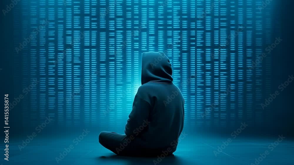 Poster hooded figure sitting in front of digital data matrix, representing online privacy, hacking, or tech