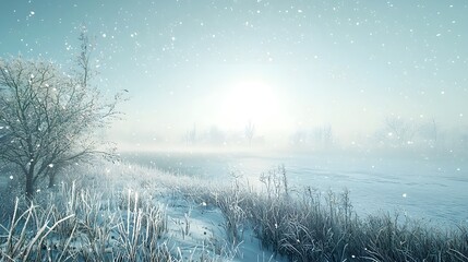 Serene Winter Landscape with Soft Falling Snowflakes in Misty Blue Sky