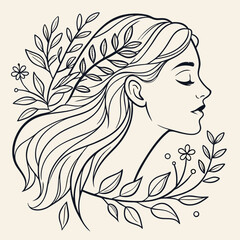 and-Drawn Female Portrait with Botanical Element