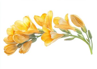 Fototapeta premium The design features yellow spring flowers in a watercolor floral style, including hand-painted acacia and wildflowers, along with freesia botanical blooms