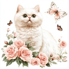 Charming white kitten surrounded by pink roses, green leaves, and butterflies in a beautiful watercolor illustration set against a white background