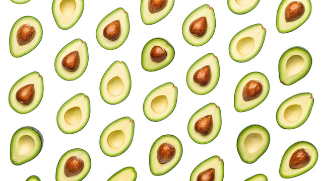 A vibrant pattern of fresh avocado halves, a delightful display of healthy goodness against a clean white background.