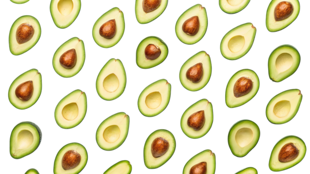 A vibrant pattern of fresh avocado halves, a delightful display of healthy goodness against a clean white background.