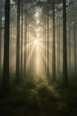 Obraz premium Misty Morning Sunlight Passing Through Foggy Pines in a Peaceful Woodland Scene