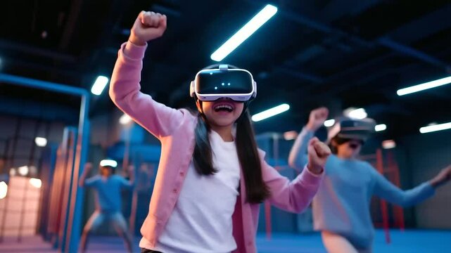 Kids in a high-tech playground wearing AR headsets, running and jumping as they interact with virtual creatures in a gamified learning experience
