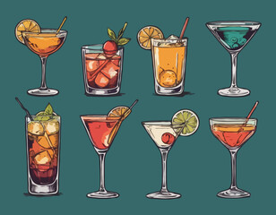 Hand-drawn collection of cocktails and drinks in various glass styles. Vintage ink sketch vector illustrations of classic alcoholic beverages.