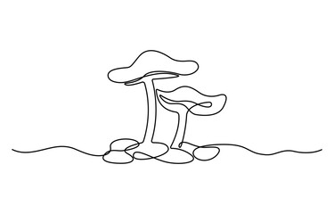 Mushroom in one continuous line drawing. Nature food in simple linear style, Mushroom one line art drawing minimalist Fungi isolated continuous outline vector illustration.
