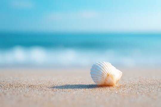 minimalistic beach scene capturing start of summer with single seashell on smooth sand