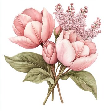 pink tulips and lilac bouquet on white clip art preview