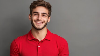 Naklejka premium Portrait of a Smiling Young Man in a Red Polo Shirt Against a Blank Background