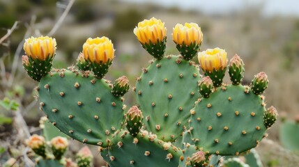 Vibrant Nopal Cactus Adorned with Bright Yellow Blooms in a Lush Desert Setting