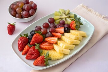 A mixed fruit platter with minimalist presentation and pastel background