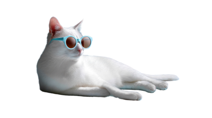 Cool Cat in Sunglasses: A white cat with a cool attitude relaxes and poses wearing blue sunglasses.  