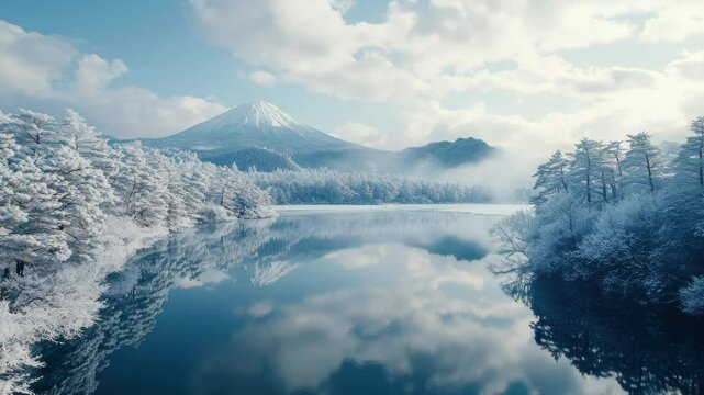 A serene winter scene with a snow-covered mountain in the background, reflecting on the still lake waters. Includes cherry blossoms and traditional Japanese architecture.