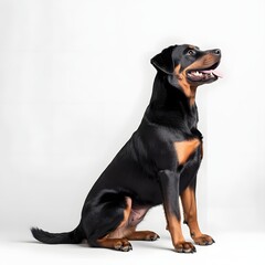 Obraz premium Confident and Powerful Rottweiler Sitting on White Background for Presentations and Print Materials
