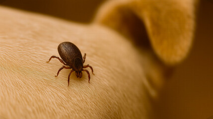 Brown tick crawling on short beige dog fur near the ear in a detailed close-up image