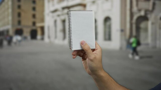 Man holding notebook in outdoor city street scene with blurred buildings and people in the background during daytime, emphasizing urban life and public space.