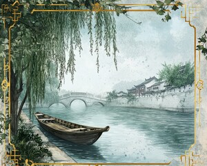 Serene Chinese River Scene with Boat and Bridge