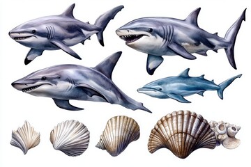 A hand-painted set of watercolor dolphin, shark, and sea shells is available for ocean design decor, posters, and clipart featuring marine life illustrations