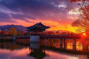 Autumn Sunset at Woljeong Bridge in Gyeongju, South Korea: Spectacular Architecture Against a Cloudy Background