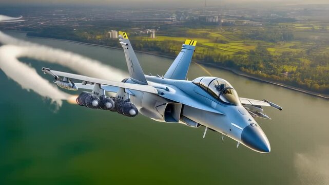 Advanced combat aircraft executing high-altitude mission over verdant terrain, displaying multiple rocket launchers and generating dramatic vapor trails against expansive landscape