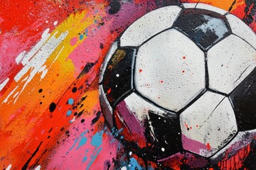 A vibrant soccer ball splashed with paint against a colorful abstract background, capturing energy and motion