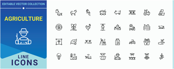 Agriculture icon collection. It contains symbols to plantation, field, harvest, eco, gardening, plant, garden and more. Farming icon set in linear style. Thin outline icons pack. Editable stroke.