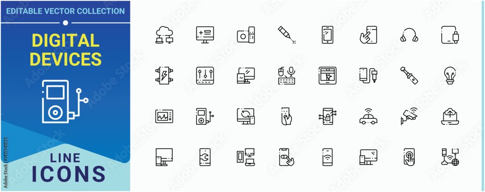 Poster digital devices icon set. contains outline symbols like tech, gadget, technology, electronics and mo