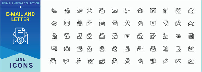 E-Mail And Letter icon set. Related to paper, email, letter, e-mail, newsletter, message, envelope and more. Set of line pictogram. Email icon set. Vector illustration.