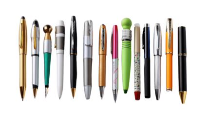Ink Harmony: A collection of meticulously crafted pens of diverse designs, poised in an organized row, representing the art of writing and the tools of creation.