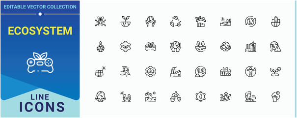 Ecosystem icon set. Included ecology, nature, al, eco, energy and more. Environment icon set. Thin web icons. Editable stroke. Vector illustration.