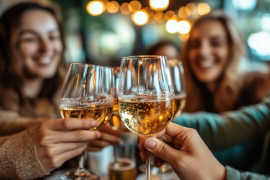 People toasting with champagne outdoors at sunset, with city skyline in background. Cheers!