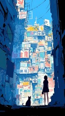 Fototapeta premium Graffiti Alley Encounter, an urban scene featuring vibrant graffiti, broken neon signs, a black cat in shadows, bold outlines, solid colors, and a cool neon-lit palette.