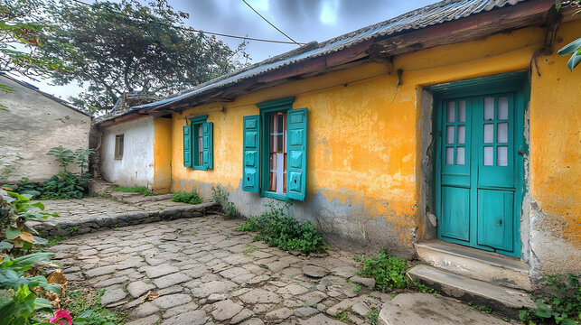 Yellow Building With Green Shutters And Stone Walkway