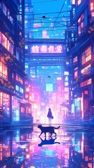 Obraz premium Midnight Cyberpunk Alleyway, vibrant city pop scene featuring a black cat crossing glowing puddles, drones overhead, neon kanji signs buzzing, bold outlines and geometric style.