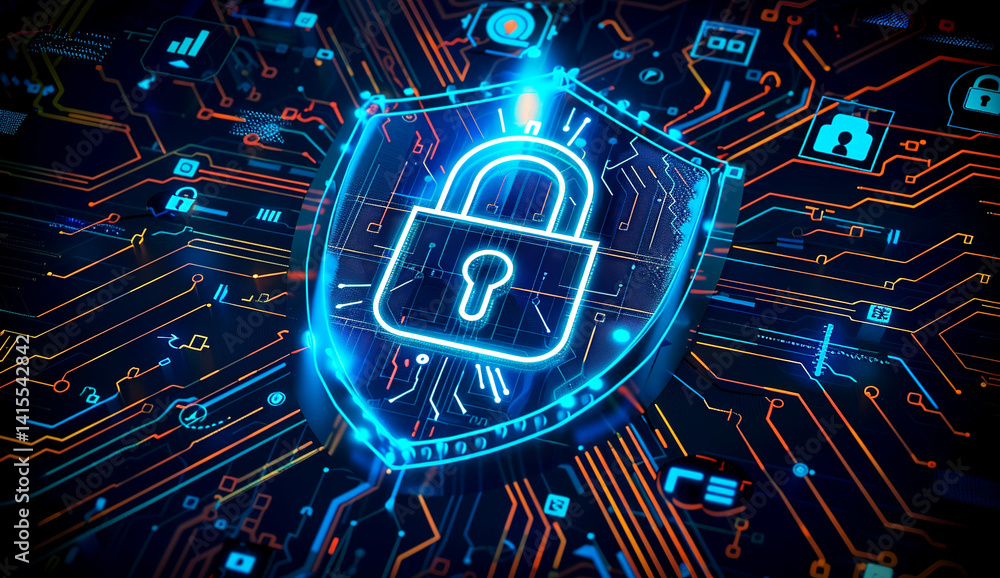 Poster glowing cybersecurity padlock with circuit background and radial light lines
