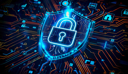 Fototapeta premium Glowing Cybersecurity Padlock with Circuit Background and Radial Light Lines