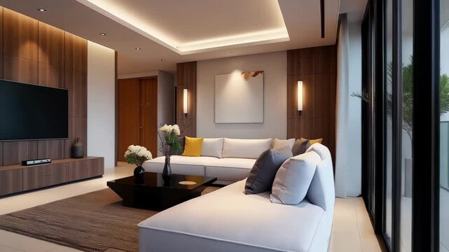 Showcase penthouse chic living room with modern decor and soft lighting. Luxury condo interior