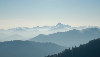 Breathtaking sunrise over misty mountain peaks scenic landscape nature photography serene environment aerial view tranquility and beauty