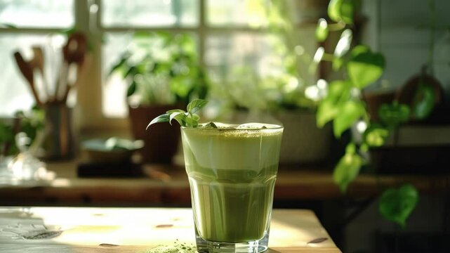A glass of refreshing minted green smoothie on a wooden countertop, set against the backdrop of an indoor plant and kitchen setting.