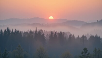 Fototapeta premium Serene sunset over misty forest landscape tranquil nature scene scenic viewpoint peaceful environment for relaxation and reflection