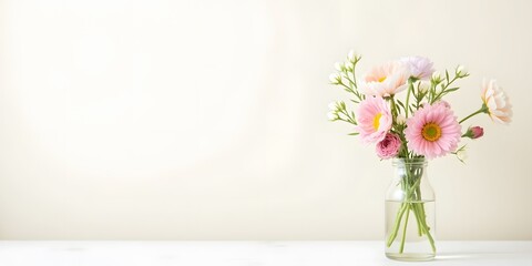 Fototapeta premium Pastel Flower Bouquet in Glass Vase: A delicate bouquet of pastel-colored flowers, including pink and peach blossoms, arranged in a simple glass vase on a white surface.