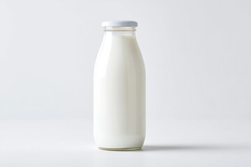 minimalistic image of single glass milk bottle on plain white background
