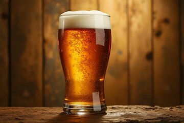 Glass of beer with blurred wood background. Beer tap in bar. Beer mug. Refreshment and party concept. Alcohol beverage menu