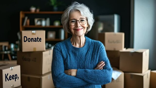 A warm, clutter-free home setting where a senior woman stacks boxes labeled Donate and Keep, embracing an organized moving process