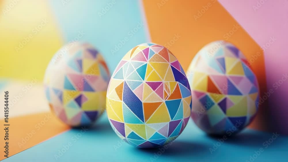 Poster three vibrant painted eggs with geometric patterns, stacked on a background of bright colors and sha