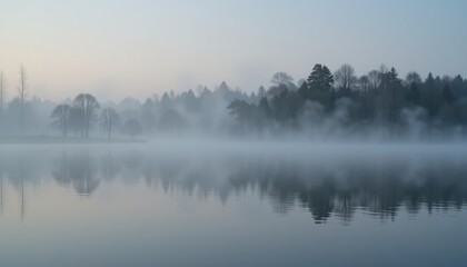 Fototapeta premium Calm morning reflection on a misty lake serene nature scene tranquil environment peaceful viewpoint landscape photography