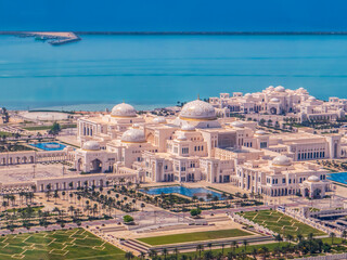 Abu Dhabi, UAE: Aerial view of majestic white Qasr Al Watan royal palace and president residency.