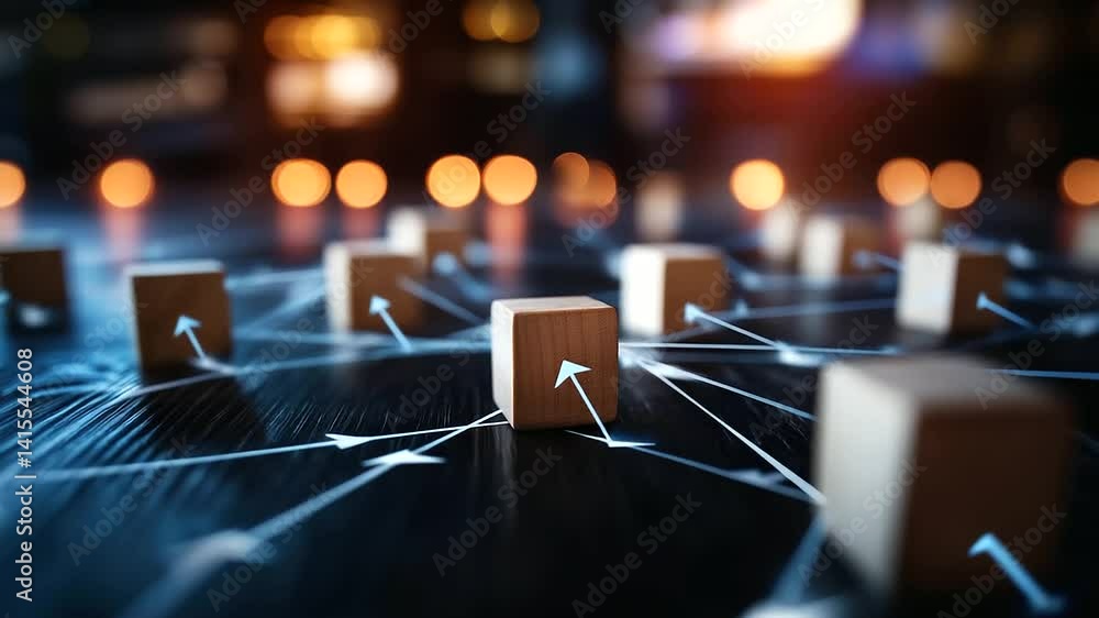 Poster a visually engaging scene with wooden blocks in a web-like formation, each connected with painted ar