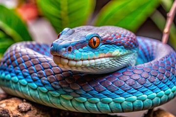 Fototapeta premium Striking blue pit viper from Indonesia, showcasing vivid scales and intense gaze in tropical habitat